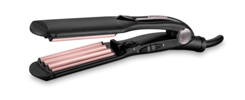 A black hair straightener with pink plates, open to show heating elements and control buttons.