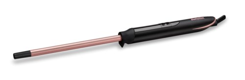A curling wand with a black handle and a long, pink barrel for styling hair.