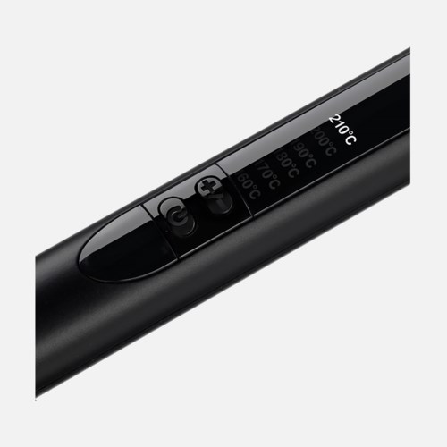 A sleek, black digital thermometer displaying temperature readings and a palm icon.