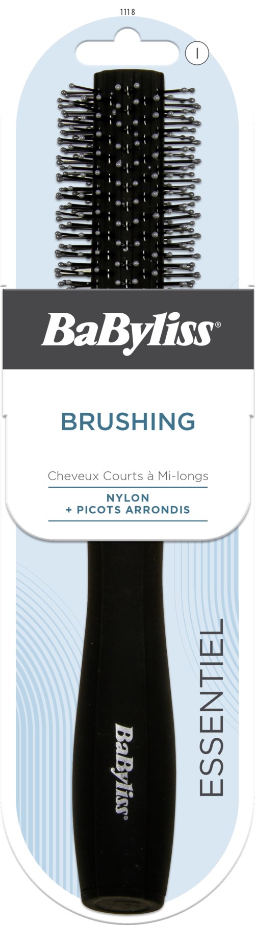 A black hairbrush in packaging with brand name BabyLiss, used for brushing hair. It has nylon bristles and a handle.
