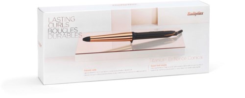 A curling iron in a box labeled "lasting curls" with a white, pink, and black design.