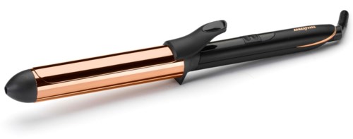 A hair curling iron with a black handle and rose gold barrel. It has a clamp to hold hair.
