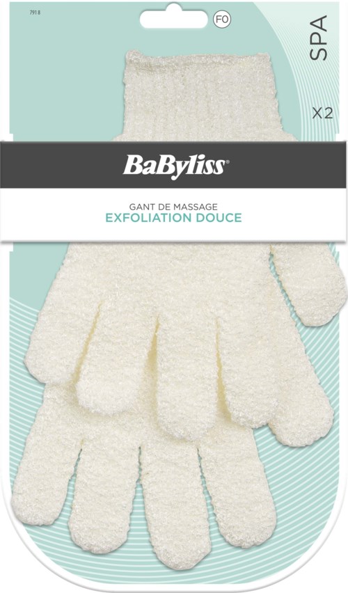 Soft, white gloves for gentle hand exfoliation, packed in a spa product package with brand name BaByliss.