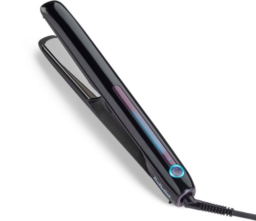 A black hair straightener with a digital display, blue button, and a cord for plug-in use.