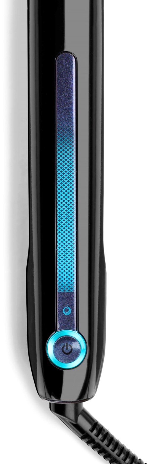 A black hair straightener with a blue light strip and a circular power button at the bottom.