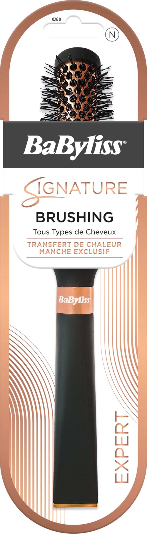 En hårbørste med svart håndtak, oransje og svart mønstrede børster, og emballasje merket BaByliss Signature Brushing.