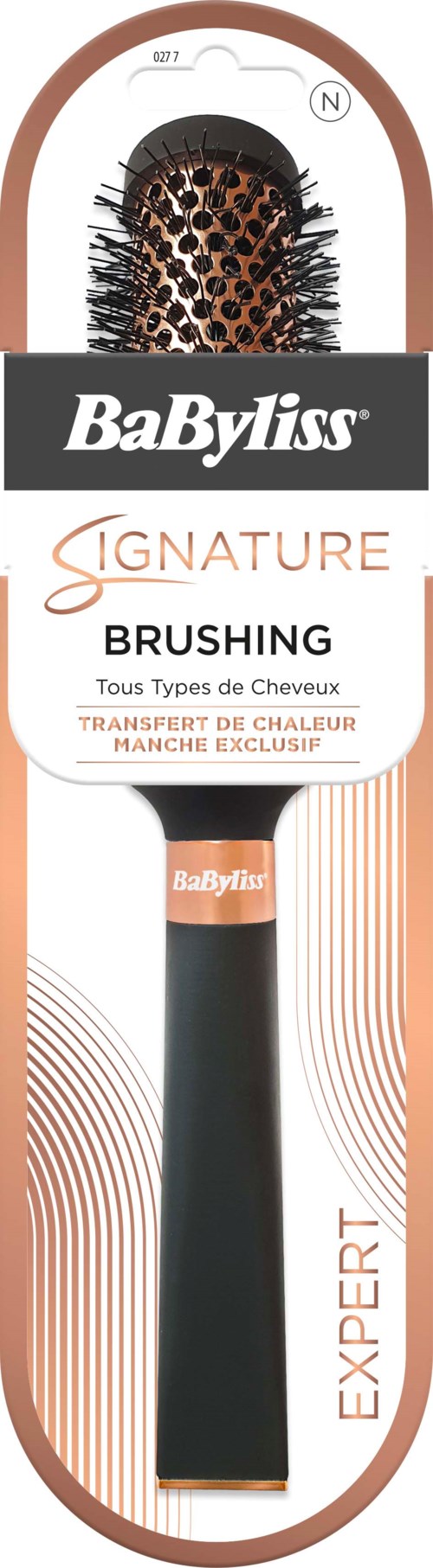 En svart og oransje hårbørste med bøyd form, merket 'BaByliss', for alle hårtyper, med varmebeskyttelse.