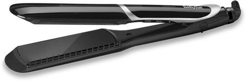 A black and white hair straightener with a sleek design and a long handle.