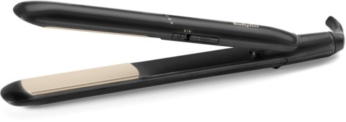 A black hair straightener with beige plates and a power cord.