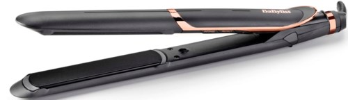 An electric hair straightener with black and rose gold design and ceramic plates.