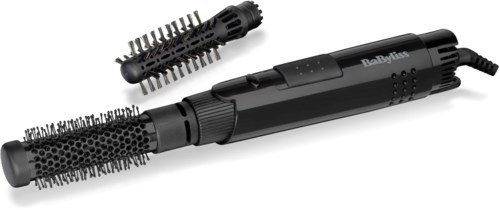 A black heated styling tool with a long barrel and two different attachment brushes for hair styling.