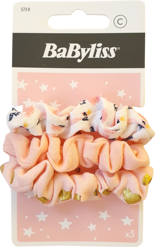 Set of three colorful fabric scrunchies with star and glitter details, packaged on a pink card.
