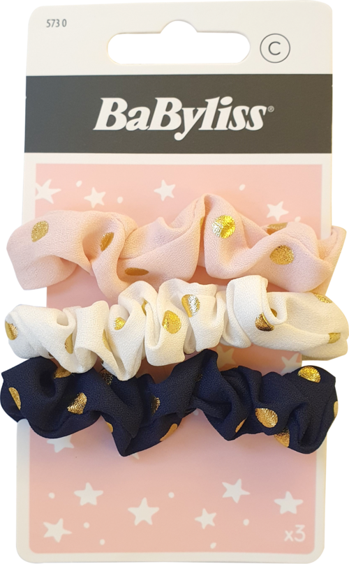 Three pastel-colored scrunchies with gold dots on each, attached to a BaByliss packaging.