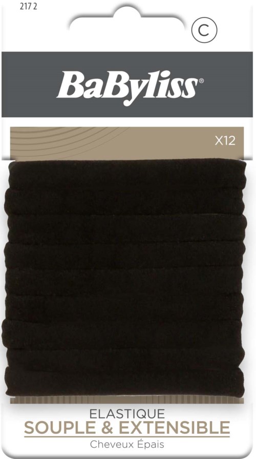 A packaging of black, stretchy, and soft hair ties by BaByliss with 12 pieces.