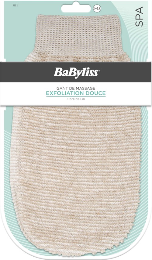 Eine weiche, exfolierende Massagehandschuh aus Baumwolle, beige Farbe, im Verpackung mit Markennamen Babyliss.