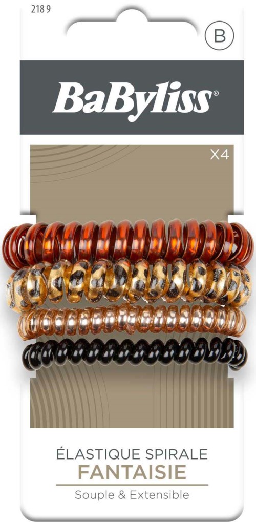 Fyra stretch spiralhårband i rött, leopardmönster, brons och svart. De är på ett paket.
