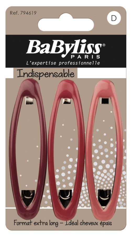 Three hair clips in various shades of pink and red, with one featuring white dots, packaged by BaByliss Paris.