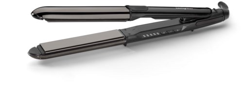 A black and silver hair straightener with adjustable heat settings and a cord.