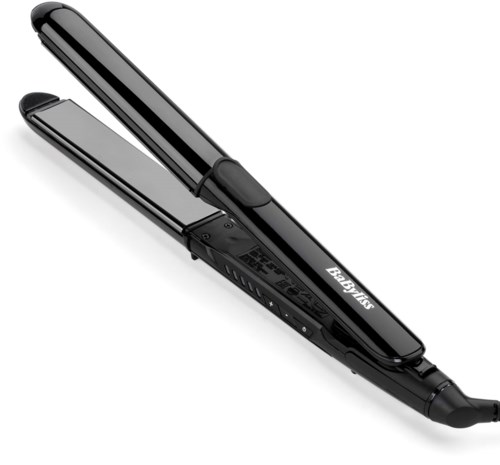 A black hair straightener with the brand name BaByliss on it, open and ready to style hair.