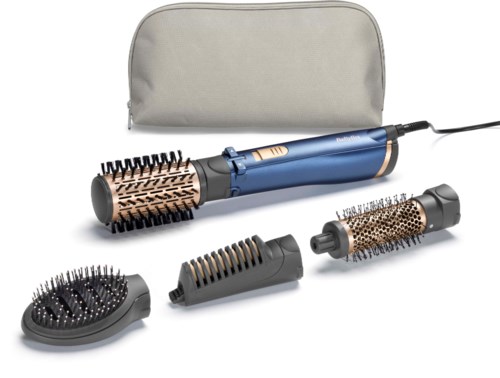 A blue and gold hair styling tool with three different brush attachments and a storage bag.