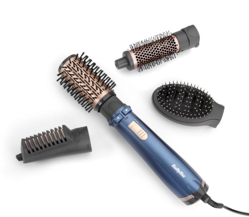 A blue heated styling brush with multiple attachment heads for hair styling.