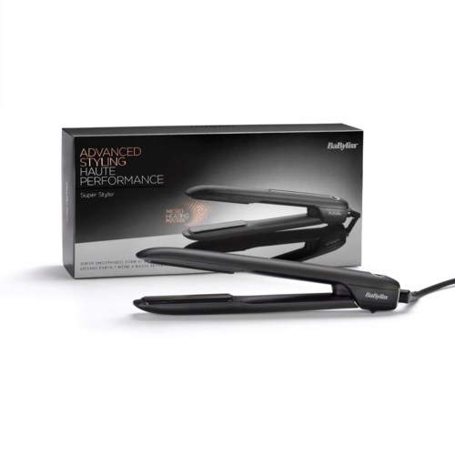 A flat iron hair straightener with a black body and a box labeled "Advanced Styling" in the background.