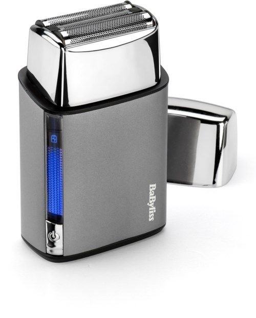 Electric shaver with a gray body, blue indicator light, and silver head.