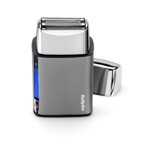 A portable electric shaver with a gray body, black grip, and blue light indicator.