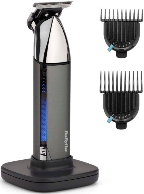 A cordless beard trimmer with two adjustable attachments on a charging stand.