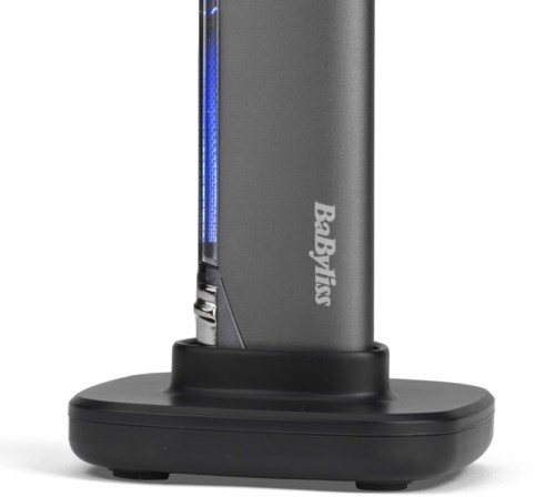 A gray lamp or device with a blue light strip on a black round base, labeled BabyKins.