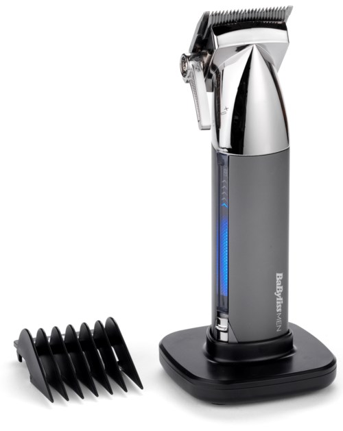 Electric trimmer with a charging stand and adjustable comb attachment for hair cutting.