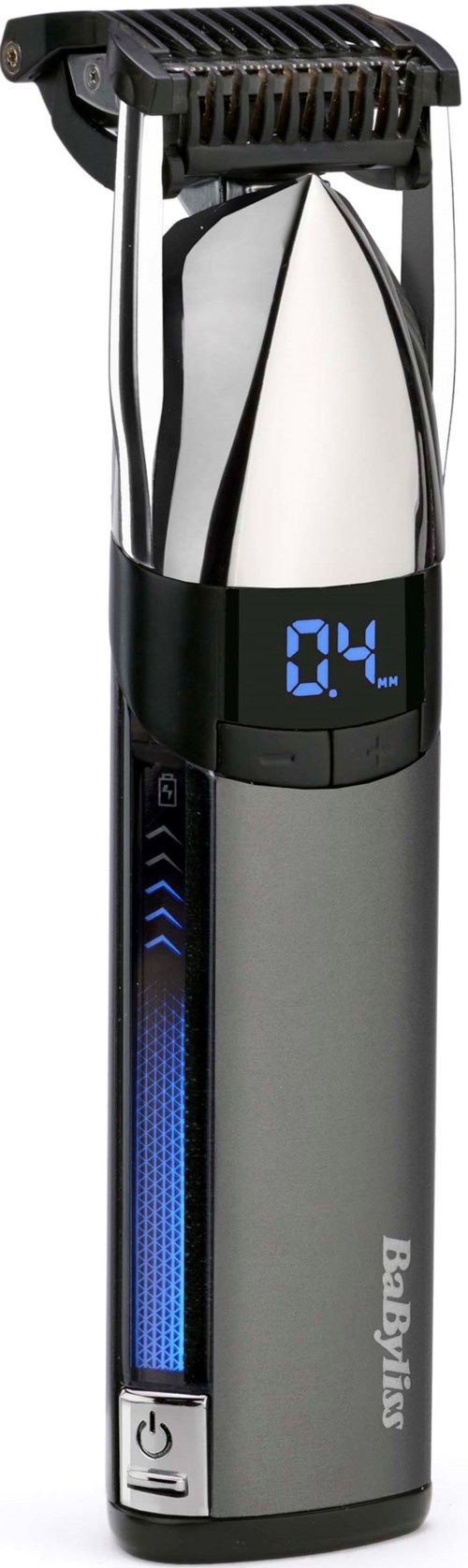 A handheld beard trimmer with a digital display, blue light, and adjustable settings. It has a black and silver design.