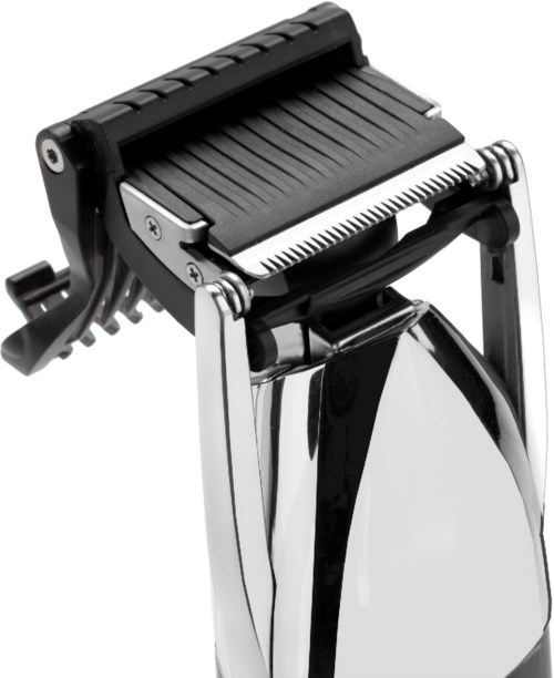 A black and silver electric shaver with a handle and a protective head for trimming hair.