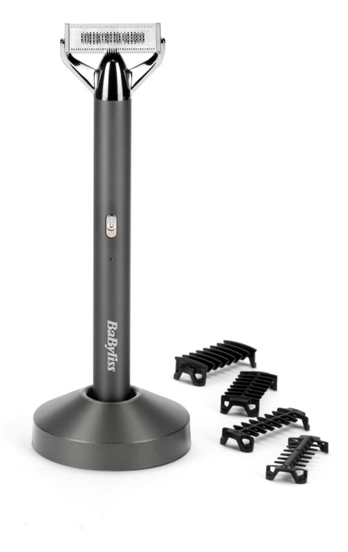 A grey electric shaver on a round stand with four black replacement blades beside it.