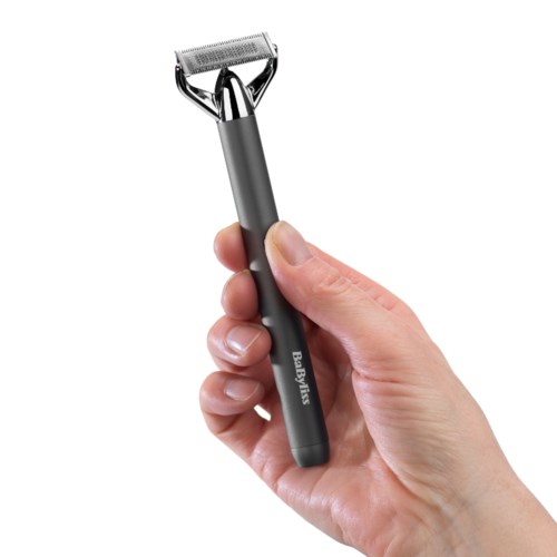 A hand holds a black safety razor with a silver head, ready for shaving.