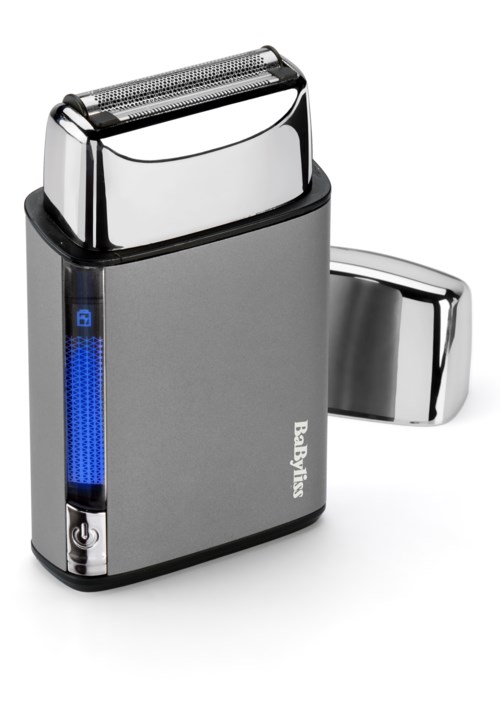 A silver electric shaver with a blue LED display and a detachable head for shaving.