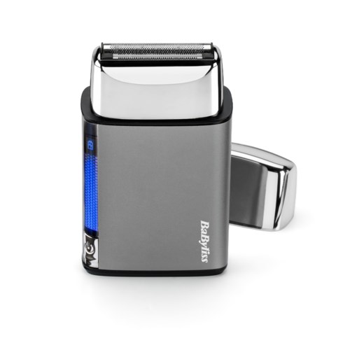 Electric shaver with a gray body, a blue side light, and a detachable head.