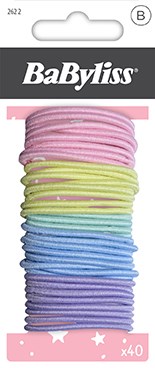 A pack of colorful hair elastics in pink, yellow, blue, and purple on a white background.