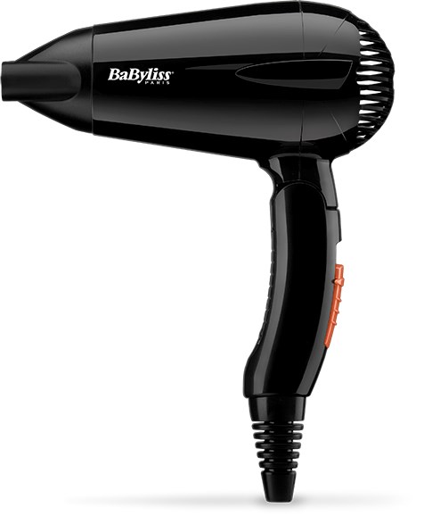 A black hair dryer with an orange button and the BaByliss logo on the side.