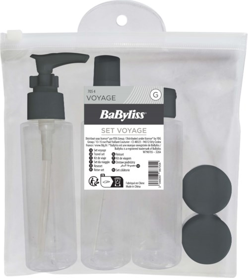 A travel-size bathroom set with a pump bottle, spray bottle, small containers, and two black circular sponge pads in a clear plastic bag.