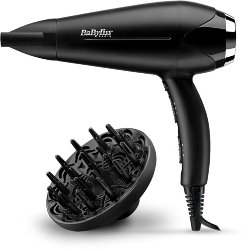 A black hair dryer with a diffuser attachment, labeled BaByliss PARIS, with buttons on the handle.