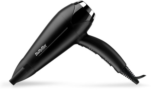 A black handheld hair dryer with a nozzle and a handle, labeled 'Babyliss', and a power cord.