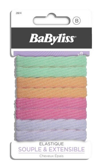 Six colorful elastic hairbands in green, orange, pink, purple, and light blue, in packaging from BaByliss.