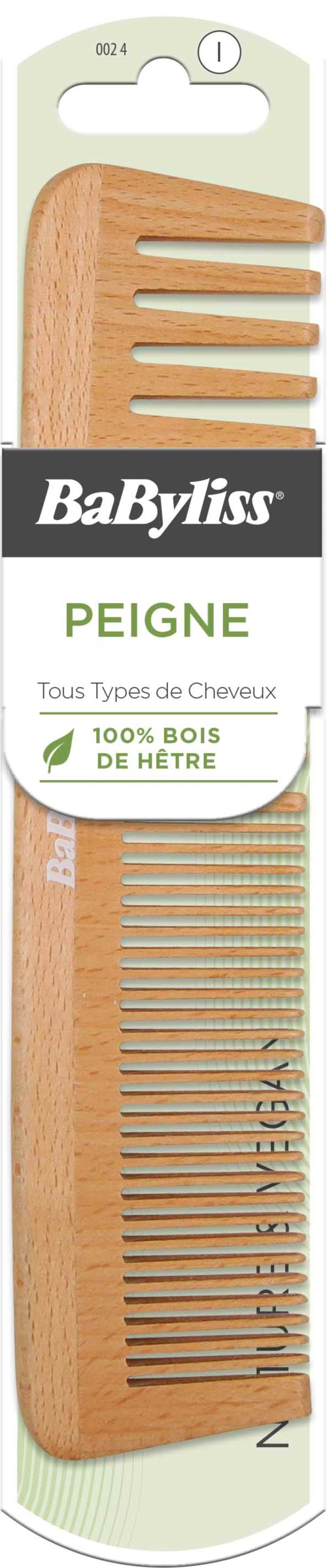 En trehårkam med jevnt fordelte tenner og en svart, hvit og grønn etikett som sier 'BaByLiss' og 'PEIGNE.'