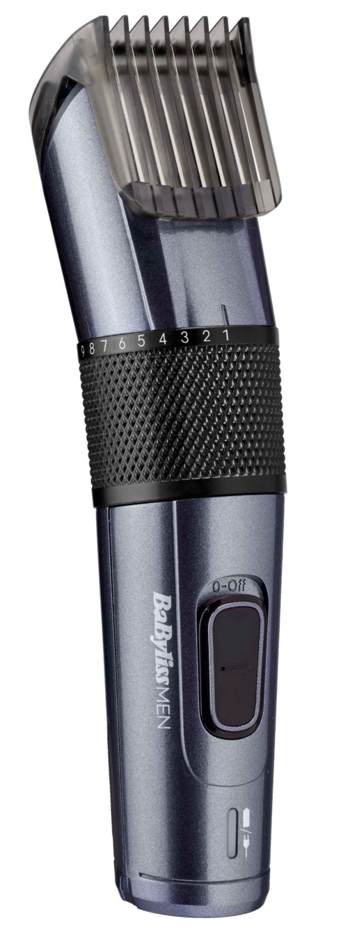 A cordless hair clipper with adjustable length settings and a black grip in the middle.