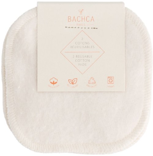 A pack of two reusable cotton pads from Bachca Paris on a white textured surface.