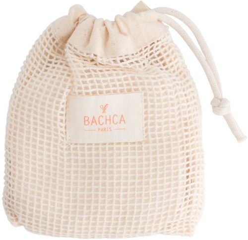 A small, beige, netted pouch with a drawstring and a BACHCA PARIS label.