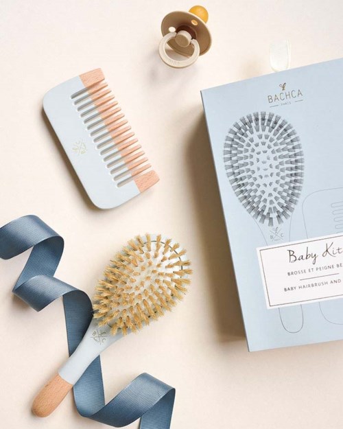 BACHCA Baby Kit Brush 100% boar small size + wooden comb Blue