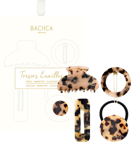 A hair accessory set with tortoise shell pattern clips, rings, and a barrette. Brand name BACHCA and text Trésors Écaille.