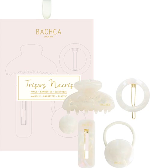 A hair clip set with four accessories displayed on a pink package, labeled "Bachca" and "Tresors Nacres."